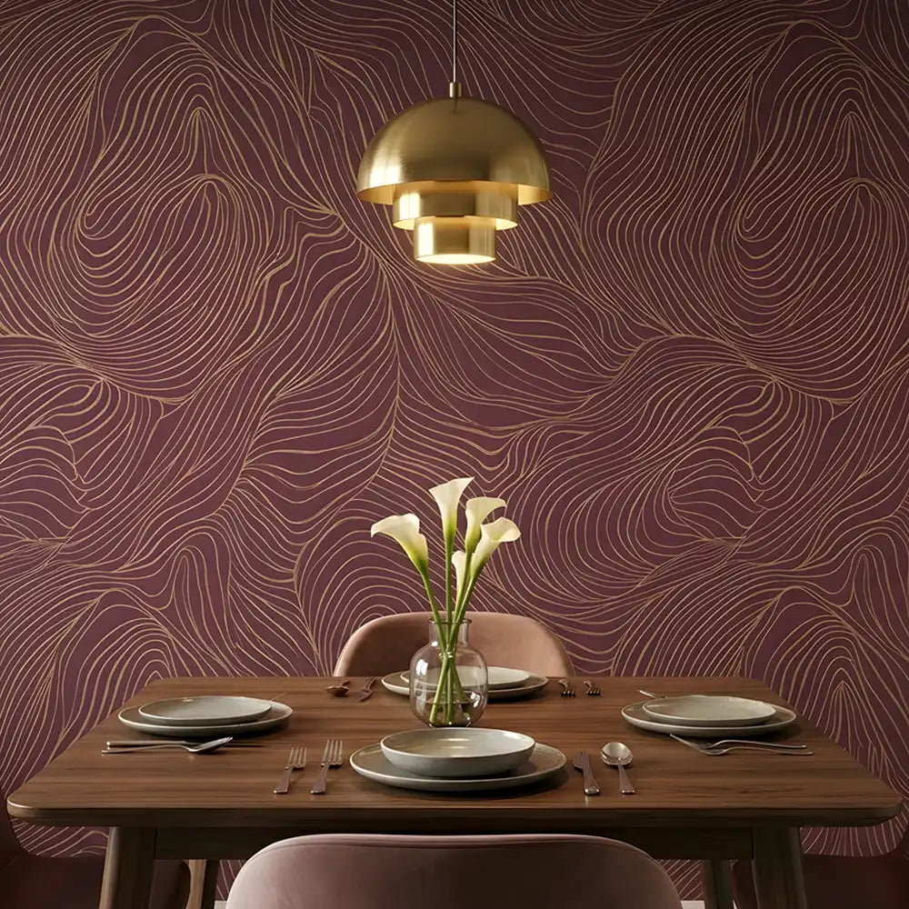 Sophisticated flowing line pattern wallpaper in slate blue, modern living room wall