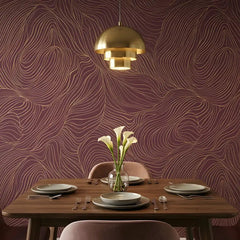 Sophisticated flowing line pattern wallpaper in slate blue, modern living room wall