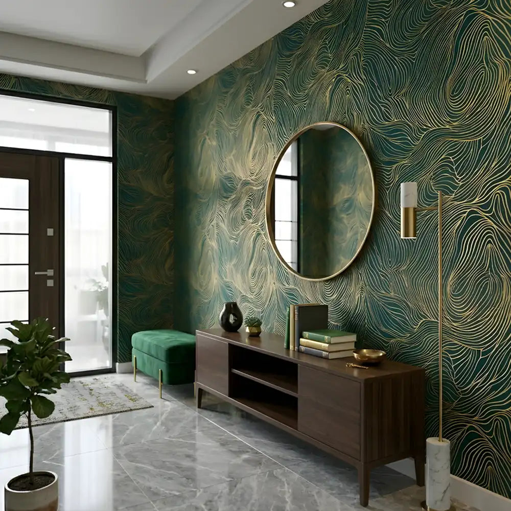 Removable abstract wallpaper with wavy lines, warm terracotta colorway for bedroom