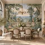 Formal dining room with chandelier and a removable antique garden wallpaper mural