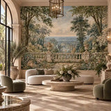 Formal living room with lush antique garden landscape mural and curved sofas