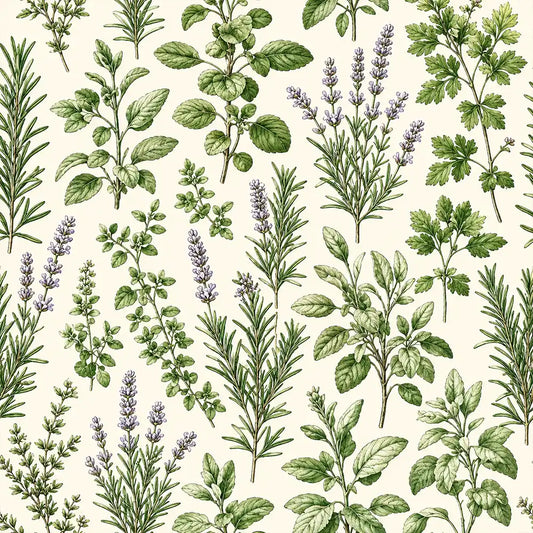 French herb garden wallpaper design with sage, rosemary and lavender on cream