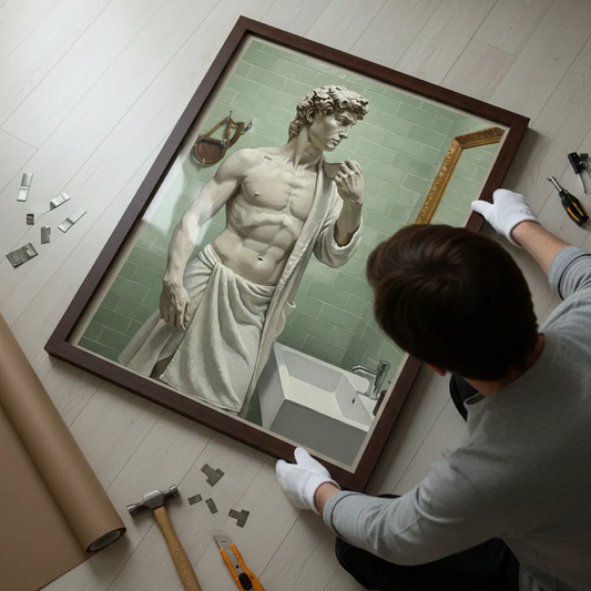 Enhance your bathroom with funny David statue bathroom aesthetic art poster sticker.