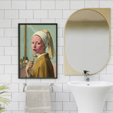 Funny girl with a pearl earring parody bathroom art poster sticker adds humor to bathrooms.