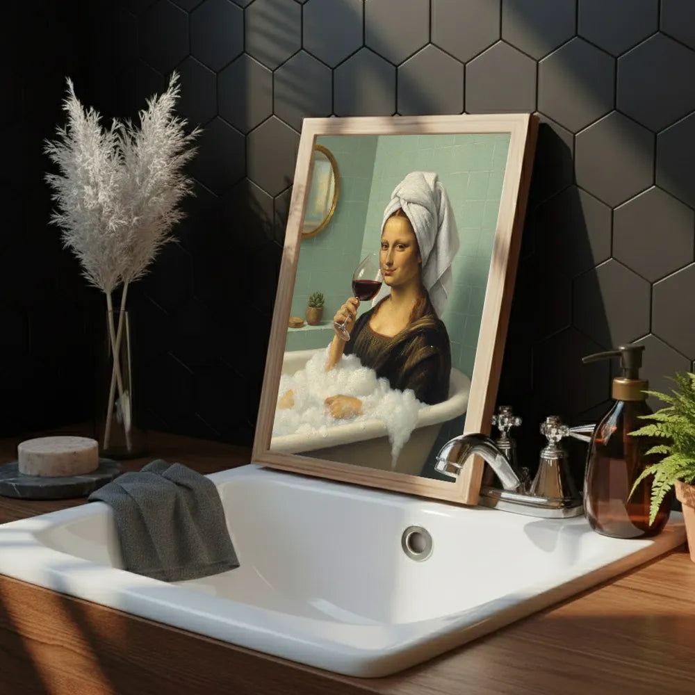 Funny modern Mona Lisa parody art poster sticker for home wall adds humor and style.