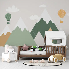 Scandinavian Mountain Balloon Wallpaper – Nordic Peel-and-Stick Nursery Kids Design