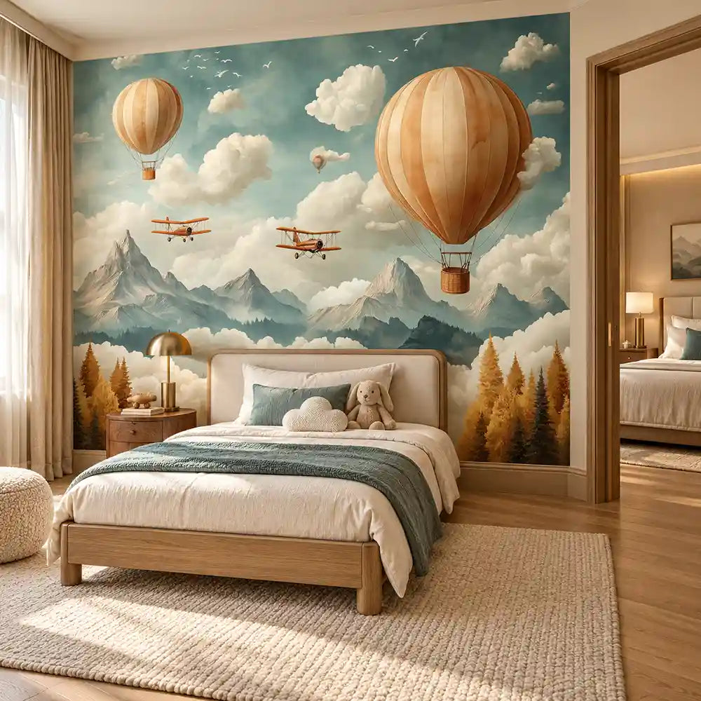 Gender neutral kids bedroom with travel-themed hot air balloon wall mural