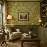 Warm yellow and sage color tones of golden buttercup meadow wallpaper.