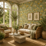 Detail of golden buttercup meadow wallpaper showing hand painted floral texture