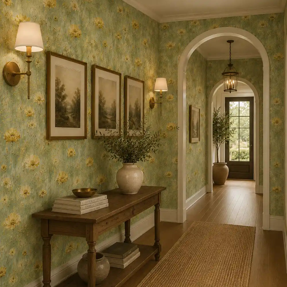 Pattern repeat of golden buttercup meadow wallpaper shown across a full panel.
