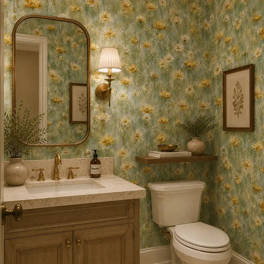 Roll view of golden buttercup meadow wallpaper showing panel width and finish.