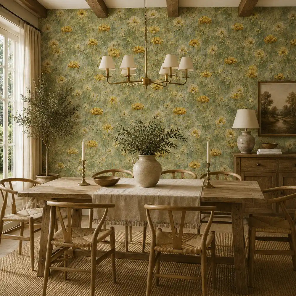 Texture detail of golden buttercup meadow wallpaper with painted petal edges.