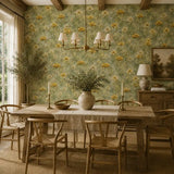 Texture detail of golden buttercup meadow wallpaper with painted petal edges.