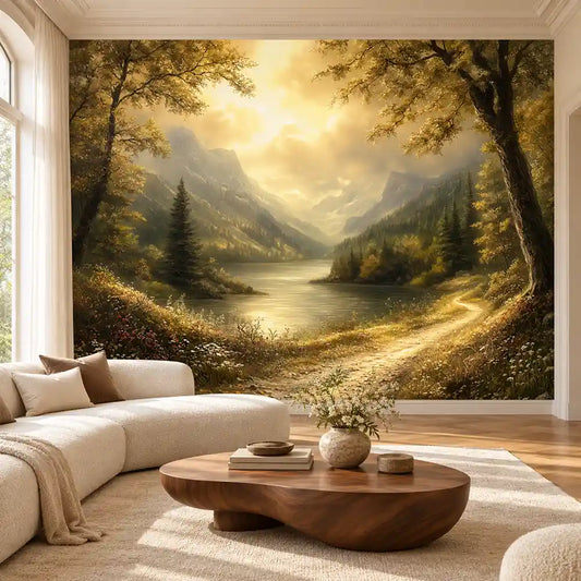 Golden forest landscape wall mural with sunlit lake above a curved living room sofa