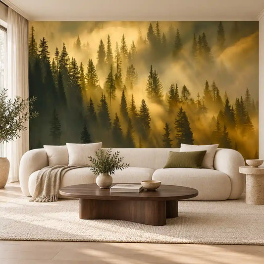 Golden misty forest wall mural above a cream sofa in a warm modern living room