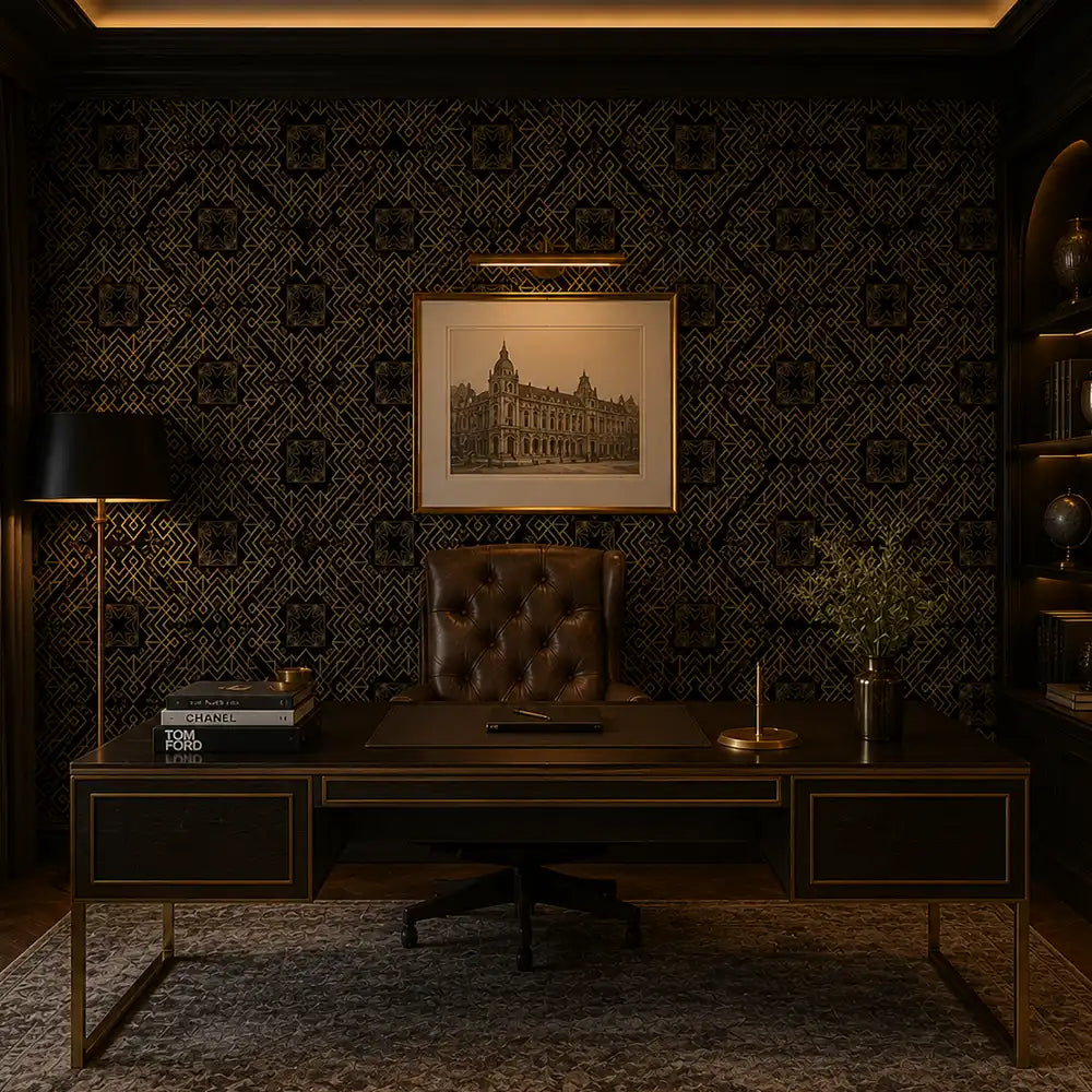 Black and gold art deco peel-and-stick wallpaper full bedroom wall, glamorous finish