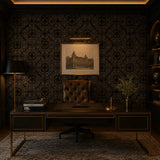 Black and gold art deco peel-and-stick wallpaper full bedroom wall, glamorous finish