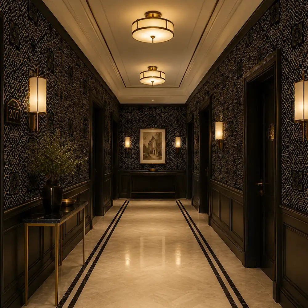 Golden noir art deco wallpaper close-up showing geometric chevron and gold line pattern