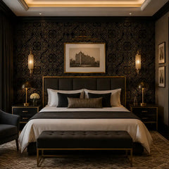 Luxury art deco peel-and-stick wallpaper in dining room, opulent black and gold wall