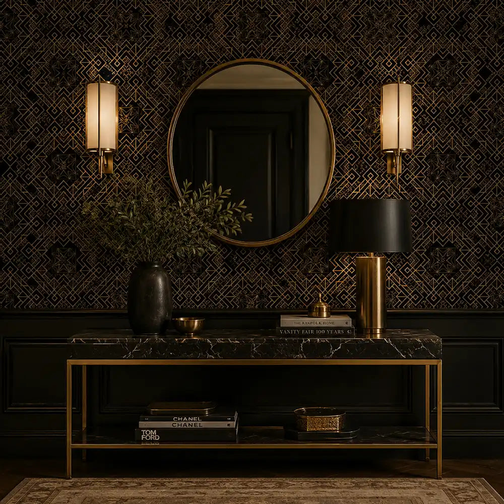 Art deco removable wallpaper in living room, bold noir and gold luxury accent wall