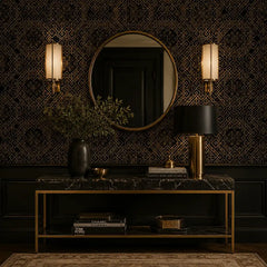 Art deco removable wallpaper in living room, bold noir and gold luxury accent wall