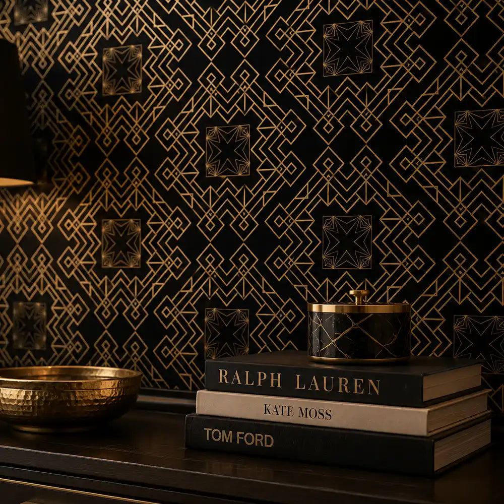 Golden art deco wallpaper sample showing pattern repeat and metallic gold detail