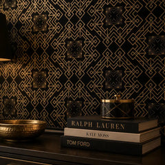 Golden art deco wallpaper sample showing pattern repeat and metallic gold detail