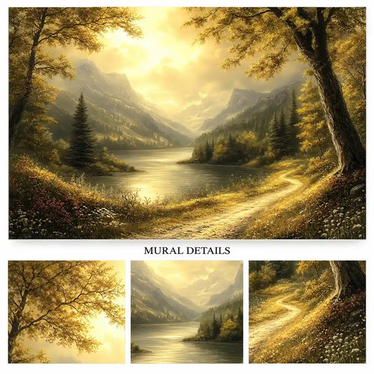 Mural details of a golden sunset over forest, river and misty mountain valley