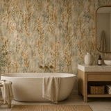 Warm bathroom featuring golden wild meadow wallpaper for an inviting glow