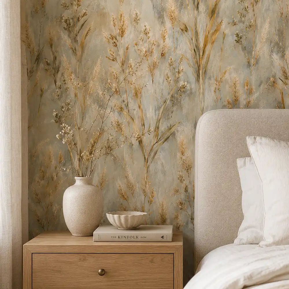 Warm bedroom nightstand corner accented by golden wild meadow wallpaper