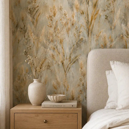 Warm bedroom nightstand corner accented by golden wild meadow wallpaper