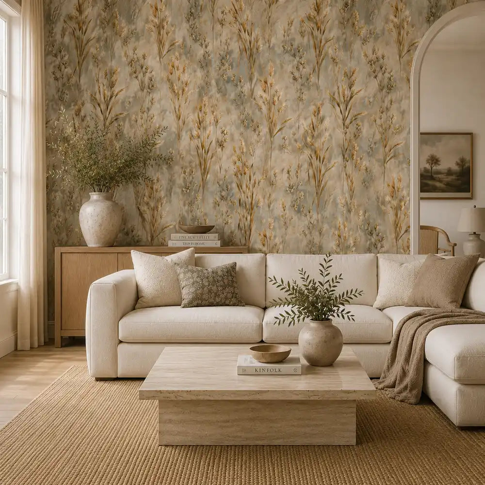 An elegant living room showcasing golden wild meadow wallpaper for rich warmth