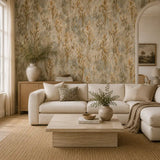 An elegant living room showcasing golden wild meadow wallpaper for rich warmth