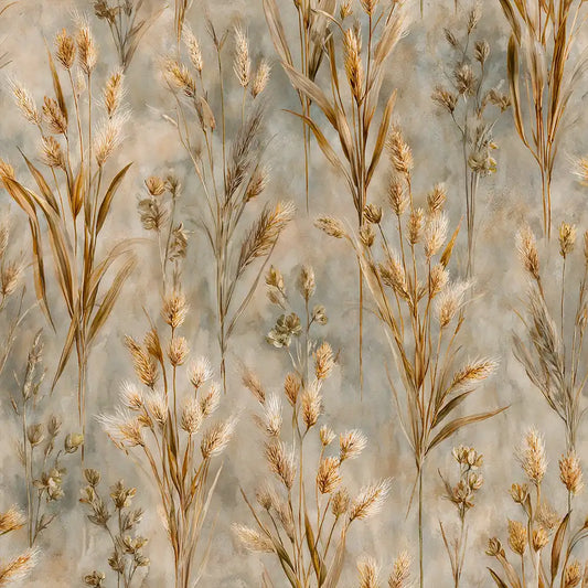 Closeup detail of golden wild meadow wallpaper showing warm amber grass tones