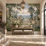 Grand foyer console and lantern before a vintage European garden wall mural