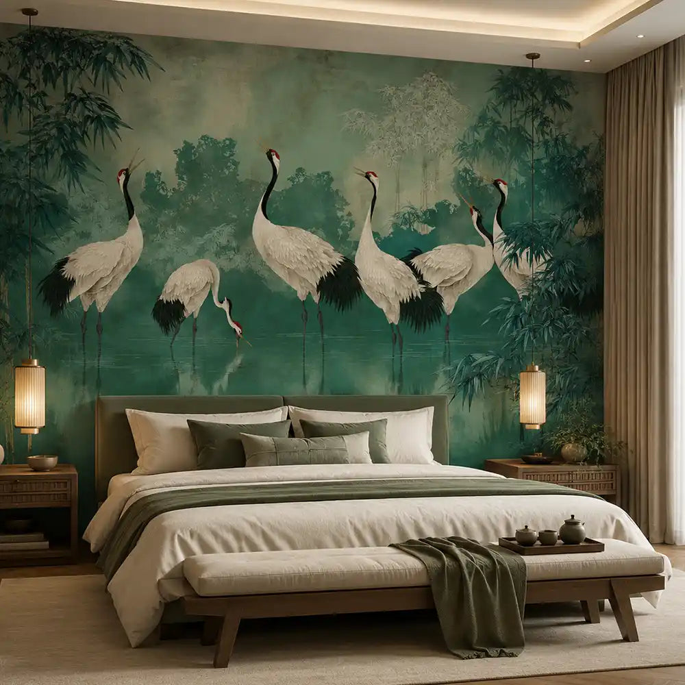 Crane and bamboo mural above a wooden bed in a calm green bedroom
