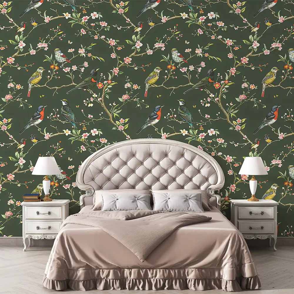 Green Chinoiserie Bird Wallpaper for a sophisticated bedroom.