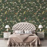 Green Chinoiserie Bird Wallpaper for a sophisticated bedroom.