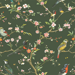 Green Chinoiserie Bird Wallpaper for a refreshing kitchen design.