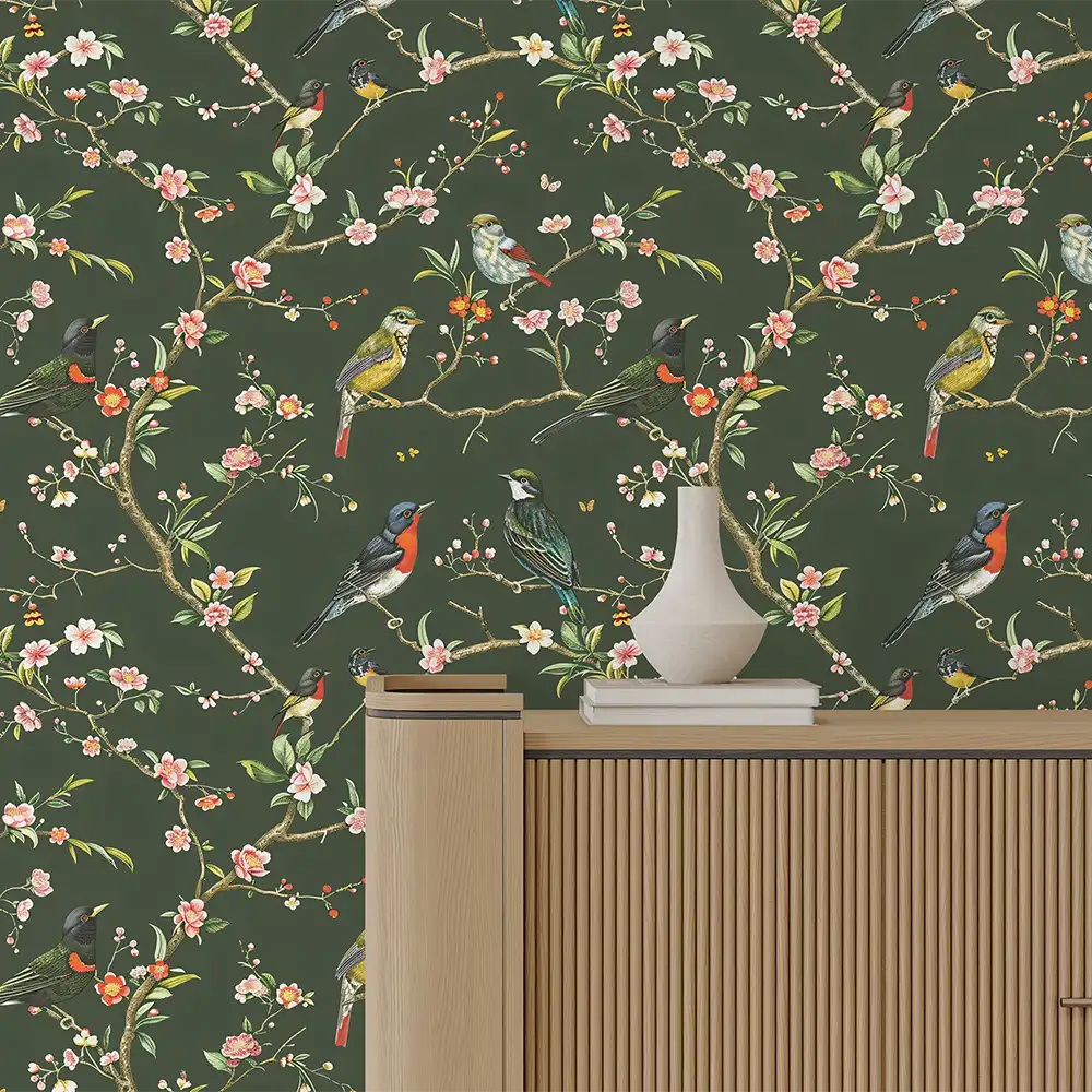 Elegant Green Chinoiserie Bird Wallpaper for your living room.