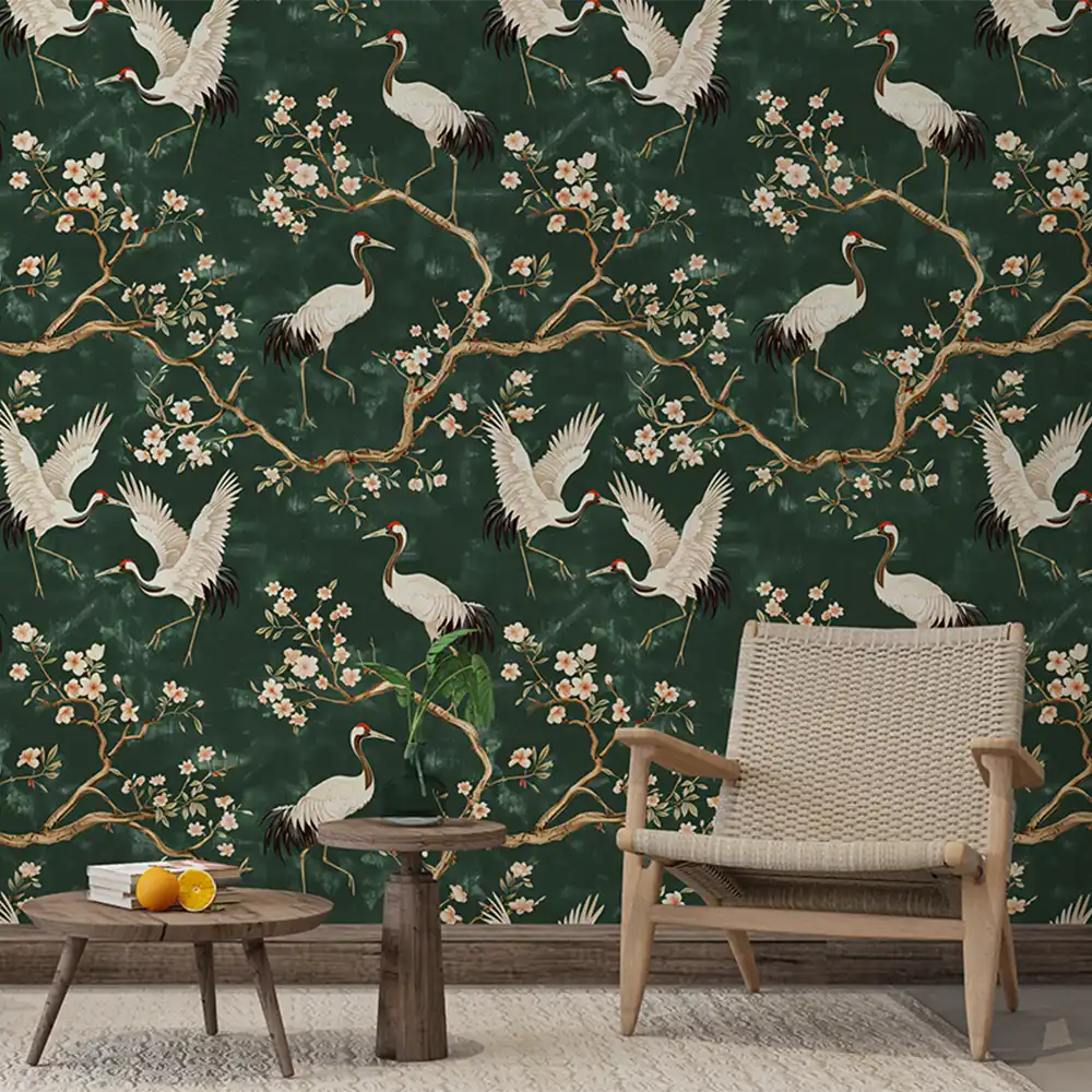 Refresh your bedroom with Green Chinoiserie Crane Wallpaper.