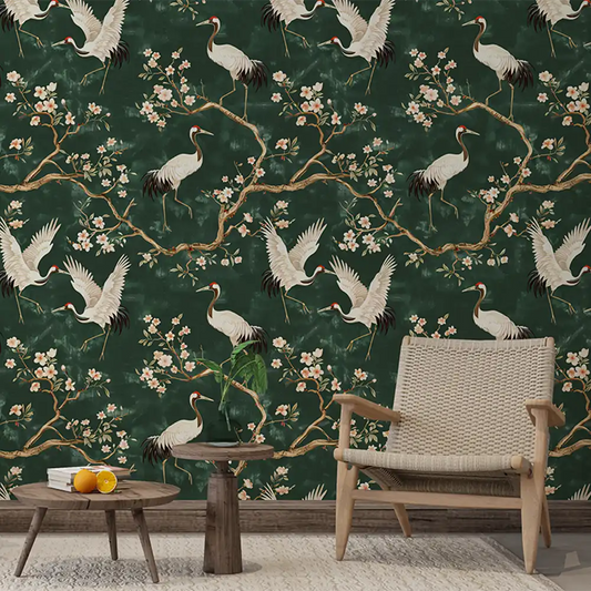 Refresh your bedroom with Green Chinoiserie Crane Wallpaper.