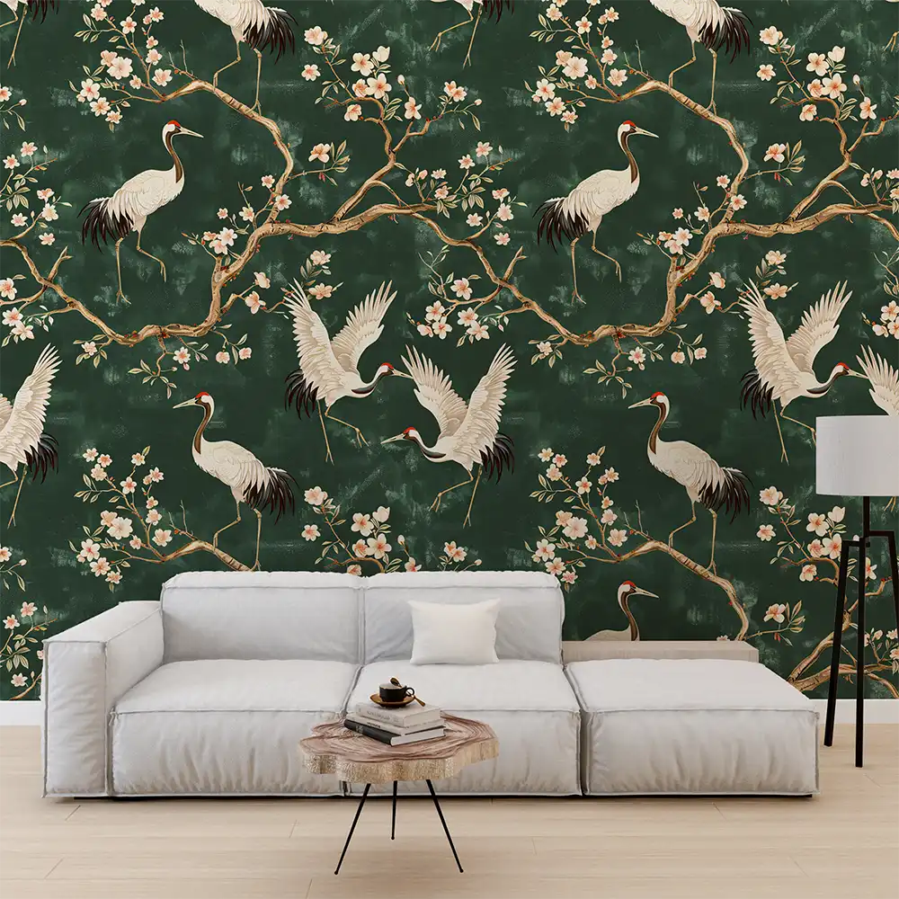 Elegant Green Chinoiserie Crane Wallpaper for your living room.