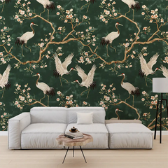 Elegant Green Chinoiserie Crane Wallpaper for your living room.