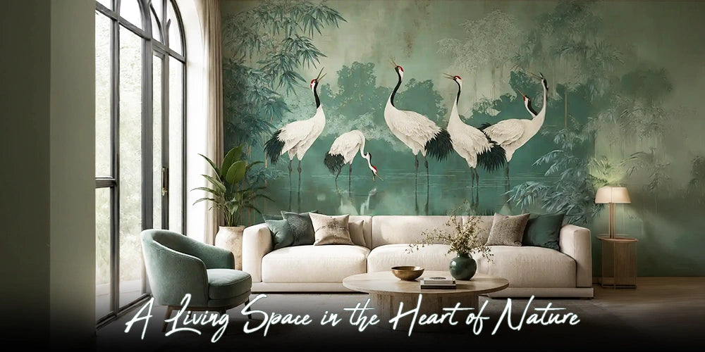 Green crane bird mural wallpaper with bamboo in an elegant nature-inspired living room