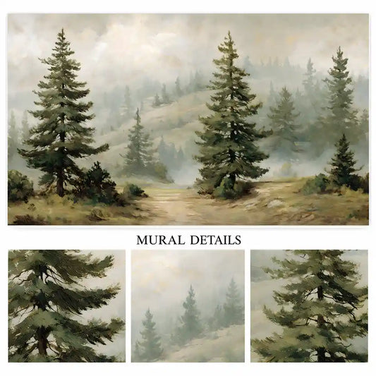 Mural details of hand-painted pine trees, rolling hills and soft fog