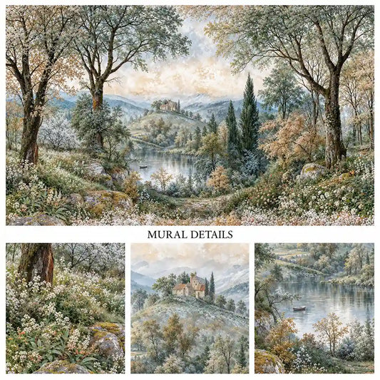 Mural details of hilltop villa, cypress trees and tapestry-style countryside lake