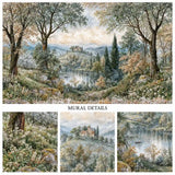 Mural details of hilltop villa, cypress trees and tapestry-style countryside lake
