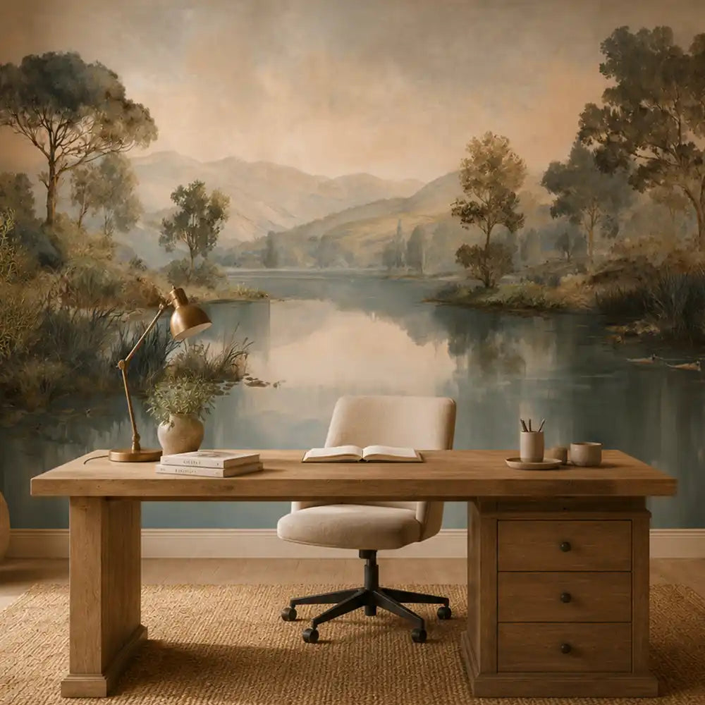 Misty lake mural wallpaper behind a wooden desk in a calm home office