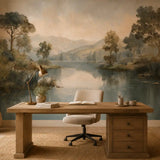 Misty lake mural wallpaper behind a wooden desk in a calm home office